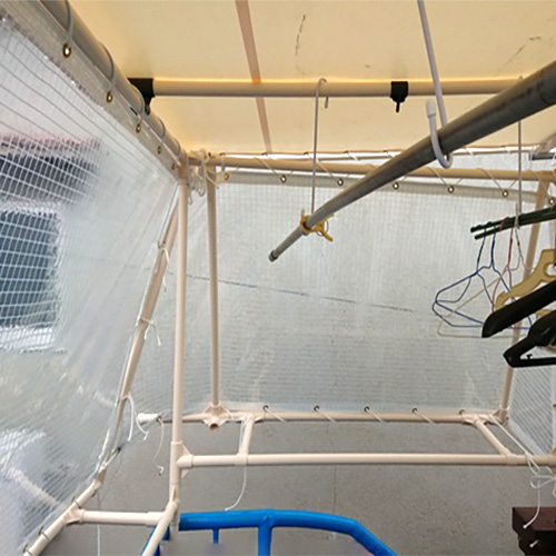 大阪府東大阪市の糸入り透明ビニールカーテン（軒先テント）施工・製作事例